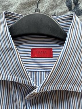 ISAIA Napoli Blue & Brown Striped Men's Button Up Dress Shirt Lg 42 / 16.5